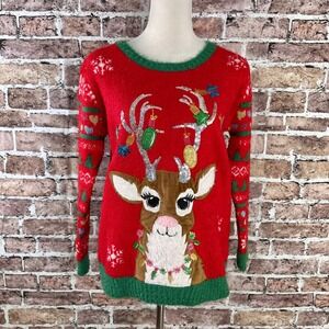 Holiday Time Womens XL 14-16 Plus Red Reindeer‎ Sequin Ugly Christmas Sweater